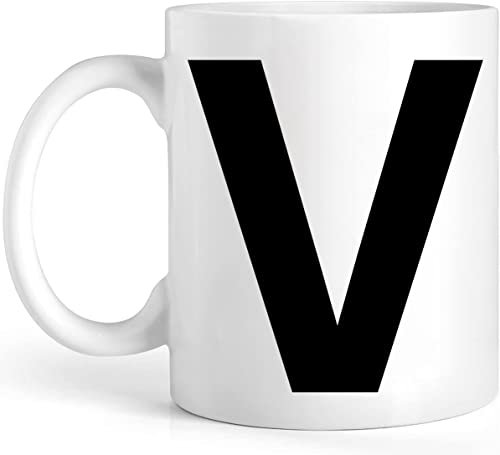 EKAM Personalised Mug Alphabet Letter V - Initial Mug with Letters - 11oz Ceramic Coffee/Tea Cup Gift for Christmas, Birthday, Secret Santa, Mother’s Day or Father’s Day Gift (Black - V)