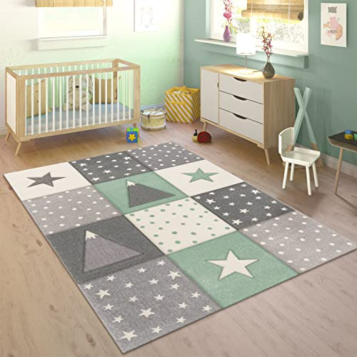 Paco Home Teppich Kinderzimmer Kinderteppich Junge Mädchen Pastell 3D Effekt Modern Berge Sterne Punkte Grün Grau Creme, Grösse:133 cm Quadrat