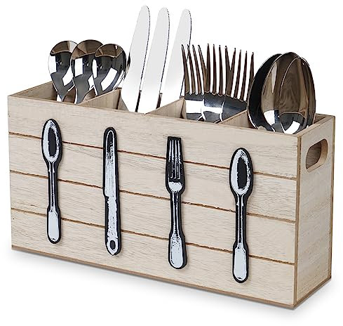 JUJOYBD Cutlery Holder Caddy, Wooden Kitchen Utensil Holder for Farmhouse Kitchen Decor, Flatware Organizer Cutlery Drainer, 4 Compartments with Handle for Forks, Knives, Spoons, Black