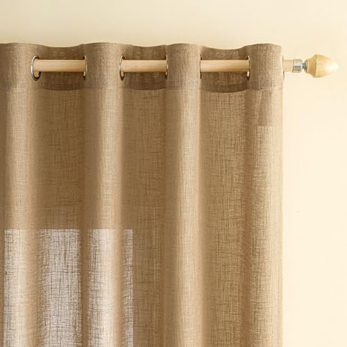 EMEMA Gardinen Vorhänge Leinenvorhang mit Ösen Voile Vorhang Leinenoptik Modern Halbtransparent für Wohnzimmer Dekoschal Kinderzimmer Schlaufenschal Küchengardinen 2er Set 140x225cm (BxH) Braun