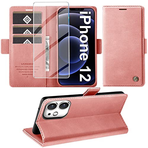 Giyer Handyhülle für iPhone 12/12 Pro Hülle mit Schutzfolie, Standfunktion Kartenfach Wallet Premium Leder Schutzhülle für iPhone 12/12 Pro 5G 6.1 Zoll Flip Case Cover Stoßfeste Klapphülle (Rosa)