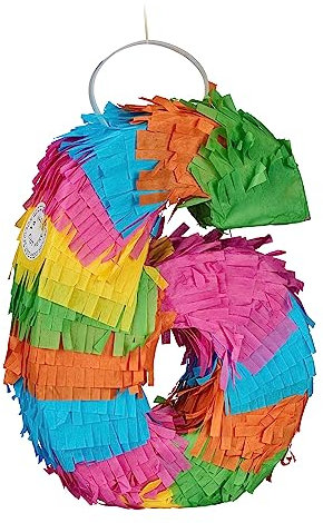 Relaxdays Mini Pinata Zahl 6, Regenbogenpinata Geburtstag, HBT: 20,5 x 15 x 4,5 cm, Piñata Kinder, zum Befüllen, bunt, 1 Stück