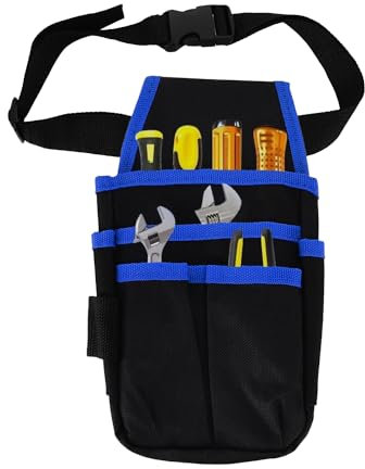 Tissting Werkzeuggürtel mit 1,2m Gürtel, 13 x 25 cm 6 Taschen 600D Oxford Stoff Arbeits Gürteltasche Klein Werkzeugtasche Belt Tool Bag für Schreiner, Elektriker, Techniker, Blau Rand