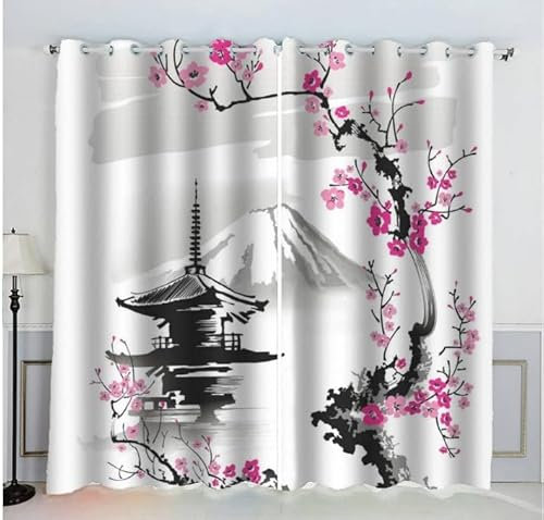Sepustas Style Japonais Rideau Occultant Lot de 2 Chambre Enfant Fille Garcon 3D Impression Art Japonais Motif Rideaux Acoustiques Opaque Petites Fenêtres Décoration (140x160 cm)