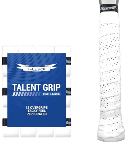 G-Lueck 12er Set Tennis Overgrip Talent Grip mit Perforation | 0,50-0,60mm Stärke | Griffband für Squash Badminton Schläger mit Selbstklebendem Abschlußband | sehr griffig, Anti-Rutsch (Weiß)