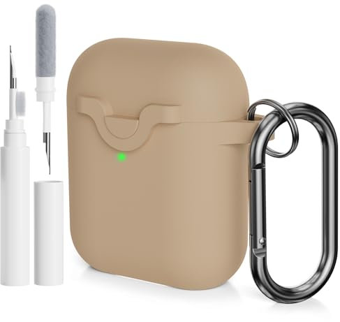 AOTUAO Compatibile con AirPods 2 e 1 Custodia Cover e Kit di Pulizia, Case Protettiva Antiurto e Antiscivolo in Silicone per AirPods 2a e 1a Generazione con Moschettone, Milk Tea