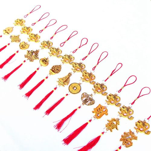 CHUYIX Pendentifs suspendus 2024 Décorations du Nouvel An Chinois Dragon Chinois Feng Shui Décor Porte-bonheur Pompons suspendus Rouge Feng Shui Décor Printemps Festival Voiture Décor 10 pièces