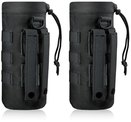 PEUTIER 2pcs Molle Water Bottle Holder, 1000D Nylon Sports Pouch Carrier Bag with Drawstring Top Mesh Bottom Practical Cup Holder for Outdoor Camping (Black)