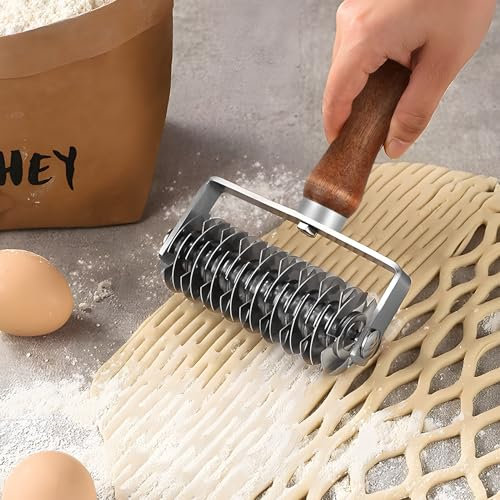 Gitter-Gebäckschneider, Edelstahl Gitterwalze Cutter Küche Kochen Cutter Pizza Wheel Roller Teigschneider Gebäck Werkzeug mit Holzgriff für Pizza/Kekse/Brot/Kuchen Gebäck Kruste Kuchen