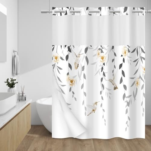 WITHLOC Duschvorhang mit Blumenmuster, mit Haken, Grau, 180 x 188 cm | 3-in-1-Einlage, wasserabweisend, einfache Installation, maschinenwaschbar, Hotel-Stil für Badezimmer, Aquarellmuster