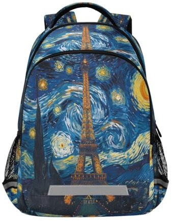 Mnsruu Van Gogh Rucksack mit Sternenhimmel, Eiffelturm, Schultasche, Tagesrucksack, Büchertasche, lässig, Reisen, Laptoptaschen für Mittelschule/Teenager/College, Jungen und Mädchen, mehrfarbig, L