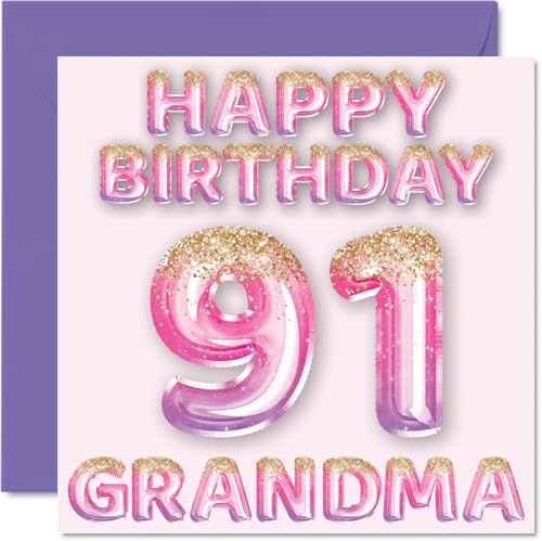 91st Birthday Card for Grandma, Pink & Purple Glitter Balloons | Happy Birthday Cards for 91 Year Old Grandma from Grandson Granddaughter, 145mm Bday Greeting Cards Gift