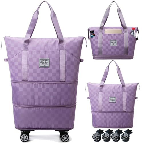 Travel Bag with Wheels,Expandable 55L Duffel Bags for Women,Foldable Rolling Duffle Bag with Wheels,Carry on Luggage,Gift for Men Women Suitcases (Purple)