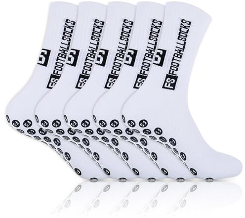 5 Paare Sportsocken Fußball Herren Anti Rutsch Grip Fußball Socken für Herren Damen Sportsocken Fußball Absorbiert Schweiß 39-46 Atmungsaktiv Laufsocken Kompression Elastische Socken(Weiß)