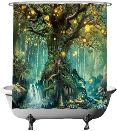 Ulticool Rideau de douche - Conte de fées elfe magique forêt naturelle - 180 x 180 cm - Lavable - Imperméable - Anti-moisissure - Avec 12 anneaux - Vert jaune