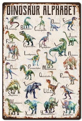 SUPERDANT Dinosaur Metal Signs Dinosaur Alphabet Tin Signs Dinosaurs Vintage Decor Wall Plaques Man Cave Sign for Home Livingroom Boy's Bedroom Retro Decor Housewarming Gift