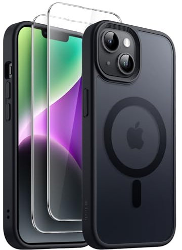 JETech 3 in 1 Magnetic Case for iPhone 14 Plus 6.7-Inch with 2 Pack Tempered Glass Screen Protectors, Compatible with MagSafe, Translucent Matte Back Shockproof Phone Cover (Black)