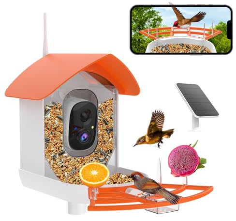 Bird Feeder with Camera,AI Identify Birds Species,Smart Birds Camera with Solar Powered,Auto Record FHD Feather Visitor Video in Backyard,Garden,Instant Notifications,Ideal Gifts for Family,Orange