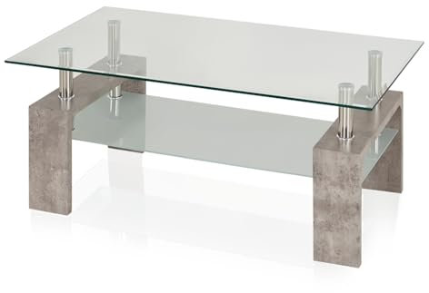 KHG Couchtisch Grau, Tischplatte inkl. Ablagefläche aus Glas transparent, Gestell aus Holzwerkstoff foliert in Beton-Optik, 30kg belastbar, klassischer Couchtisch fürs Wohnzimmer, 60x100x45 cm