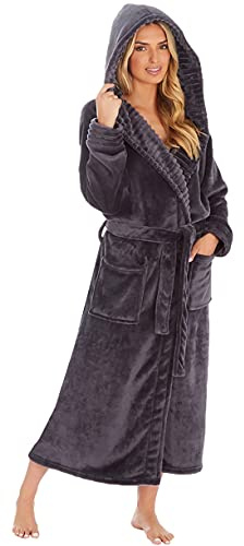 KATE MORGAN Ladies Dressing Gown Fluffy Super Soft Hooded Bathrobe for Women Plush Fleece Perfect Loungewear Long Robe | Gifts for Women Charcoal 12-14