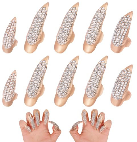 GLOBLELAND 10 Pcs Gold Halloween Costume Claws False Nails Ring Set Gothic Punk Finger Rings Crystal Full Finger Nail Ring Bend Fingernail Claw for Women Men Cosplay Party Accessories