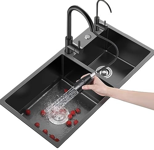 Organizador de Fregadero de Cocina Fregadero de Acero Inoxidable de Doble Seno Fregadero de Gran tamaño Negro Grifo extraíble Negro