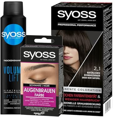 SYOSS Color Coloration 2_1 Schwarzbraun Stufe 3 (1x 115 ml) bis zu 10 Wochen Farbintensität & Augenbrauen Kit Augenbrauenfarbe 1–1 Schwarz Stufe 3 (17 ml) & Trocken-Shampoo Volume Lift (200 ml)