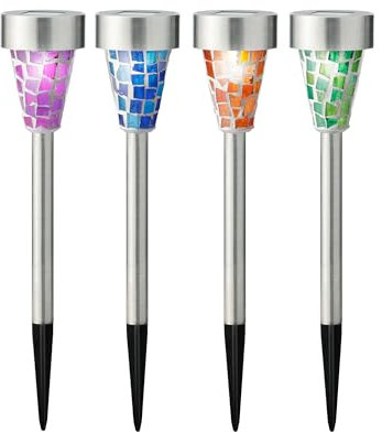 LED Solar Außenleuchten Mosaik 28cm Edelstahl 4er Set - Solarleuchten Gartenlichter zum Stecken - Gartenleuchten Wegeleuchten Gartenlampen - Solarlampen & Gartenbeleuchtung für Außen Garten - Kaltweiß