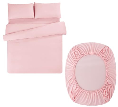 Aisbo Double Duvet Set with Sheet - Rose Pink 4 Pieces Microfiber Bedding Set for Double Bed, Includes Duvet Cover, Fitted Sheet and Pillowcases
