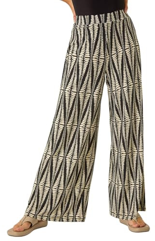 Roman Originals Wide Leg Trousers for Women UK - Ladies Palazzo Pants Floral Print Abstract Everyday Holiday Spring Summer Comfy Soft Evening Vacation Work Party - Mono Black - Size 10