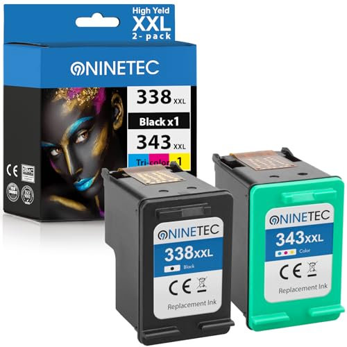 338 + 343 XL Druckerpatronen Multipack Ersatz für HP Tintenpatrone für HP 338XL 343XL für PhotoSmart C3180 2575 5740 Deskjet 460 9800 Officejet 212 100 150 PSC 1610 2355 2575 Schwarz Farbe 2-Pack