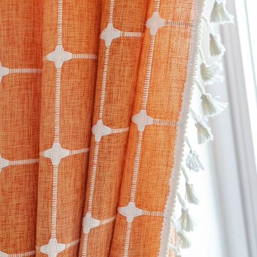 Epinki Küchenvorhänge Blickdicht, Stickerei Gitter Muster mit Quaste Schiebegardinen Kurz Vintage 1er Pack, Rod Pocket Polyester Baumwolle Fenster Vorhang Deko für Badezimmer, 132x60cm, Orange