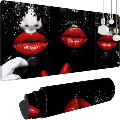 Large Mouse Mat 55.1x23.6inch, Gaming Mouse Pad Black Red Lips, Office Mousepad, Computer Desk Mat, Laptop Mousepad, Stitched Edges, Soft Smooth Surface and Anti-Slip Rubber Base for Office,Home y-184
