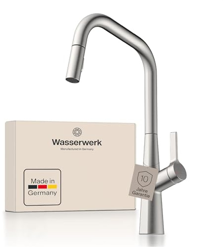 Wasserwerk WK9 Edge Küchenarmatur - Design-Wasserhahn Küche - Edelstahl-Optik - Herausziehbare Brause - Armatur mit Energiesparfunktion & Verbrühschutz - Premiumqualität Made in Germany