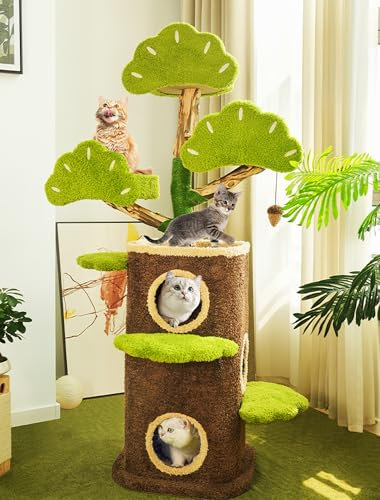 Cat Tree, 160cm Solid Wood Cat Towers, Cats Climbing Frame for Indoor Large Cats, XL Large Stable Multi-Level Plush Cat's Scratching Post Cat's Condo