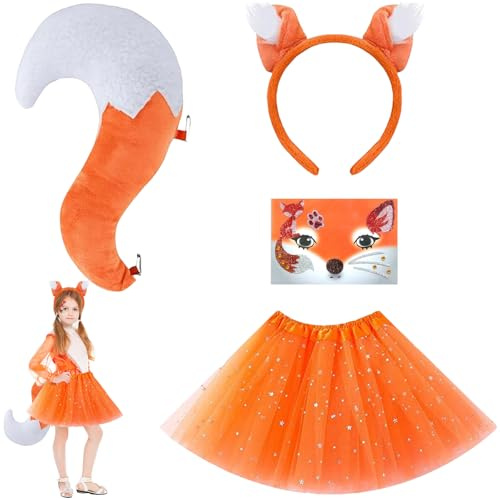 XIEXIESHER Tier Fuchs Kostüm Set 4PCS, Fuchsohren und Schwanz Set mit Fuchs Stirnband Tutu Rock Gesichtsaufkleber, für Cosplay Zubehör Halloween Karneval Kostüm