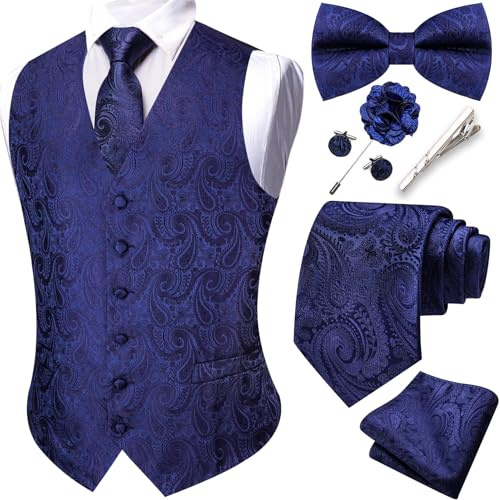 Barry.Wang Men's Blue Waistcoat Paisley Formal Suit Vests Tie Bowtie Set Jacquard Clip Hanky Cufflinks Lapel Pin Wedding 8PCS