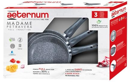 Aeternum, Madame Petravera 3.0, Tris Padelle 20/24/28 cm, Alluminio, Full Induction, Adatte all'induzione, Grigio Petravera