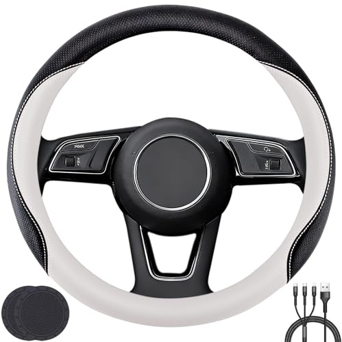 Car Steering Wheel Cover, Non-Slip Soft Leather Protector | for Steering Wheel with a Diameter of 14.5-15 with 2 Coasters and USB Charging Cable (White)