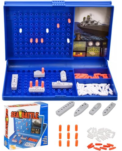 Sea Battle Strategy Board Game for Kids and Family Fun Two Player Classic Tabletop Battleships Game Foldable Blue Case with Pegs and Ships Family Game Night Entertainment - Electoys