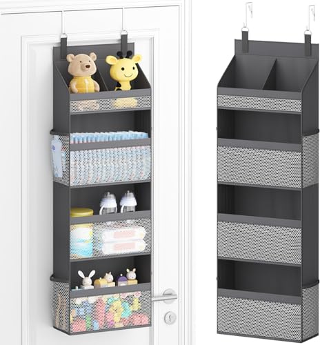 Lifewit 4 Tier Over the Door Diaper Organiser, Hanging Storage, Gray | Nursery Sturdy Large Heavy Duty Back of Door Shelf with 4 Mesh Side Pockets, for Baby Stuff Toy in Pantry, Laundry, Bathroom