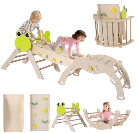 GYMAX Set Triangolo per Bambini, Set Arrampicata Rospo 8 in 1 con Scivolo, Arco & Triangolo Pieghevole, Set Montessori in Legno Solido per Arrampicata per Interno (Naturale, Rana/8 in 1)