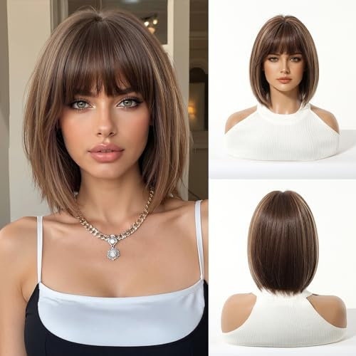 Esmee Kurze Gerade Braun Mix Bob Perücke mit Pony für Damen - 10IN