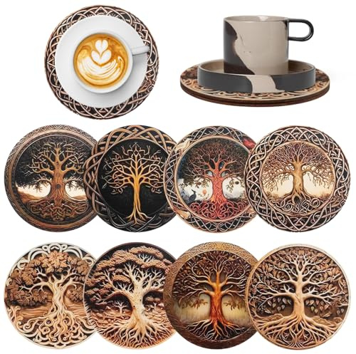 burkfeeg 8Pcs Wooden Coasters Set, 2D Flat Tree of Life Wooden Cup Mat