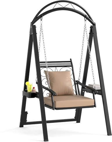 RELAX4LIFE Outdoor Swing Chair with Stand, Heavy-Duty Steel Hanging Hammock Chair with Side Table, Cushion and Pillow, Outdoor Single Swing with for Balcony Yard Porch (Beige+black, A Frame)