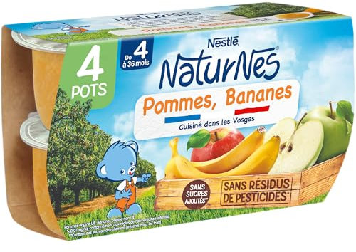Nestlé Naturnes Purée de Fruits Bébé Pommes Bananes - Dès 4/6 mois - 4x130g
