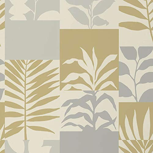Crown Wallcoverings Alexis Leaf Gold Wallpaper M1384 - Vinyl Metallic Glitter Block Palm Leaf