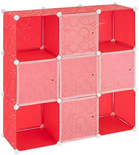 Nexos Trading Steckregal aus Kunststoff rot Ablagefächer mit Tür 108x110x37cm individualisierbares DIY Stufenregal Kastenregal stapelbar erweiterbar mit Holzhammer