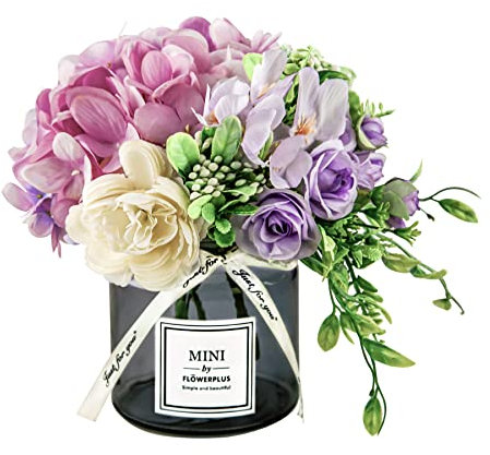 Moomass Künstliche Rosenstrauß-Set, künstliche Hortensien und Vase, naturgetreu, Violett