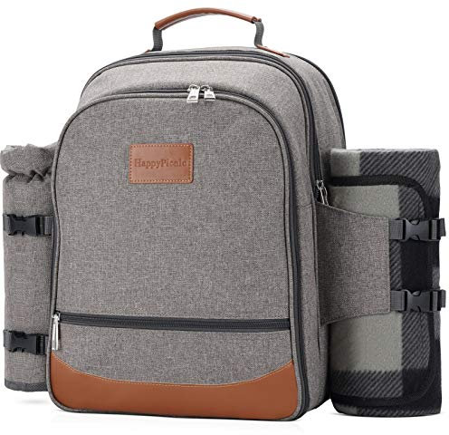 HappyPicnic Isolierter Picknickrucksack für 4 Personen mit komplettem Geschirr, geräumigem Kühlfach, Flaschenhaltern und großem wasserdichtem Picknick-Teppich